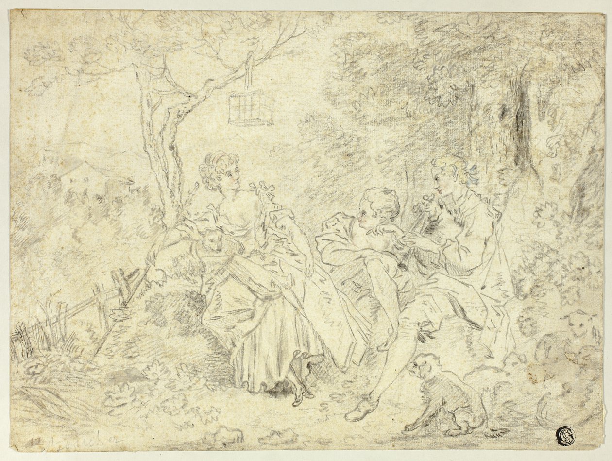 Pásztorlányok és fiatalember dudán játszik alkotó: François Boucher