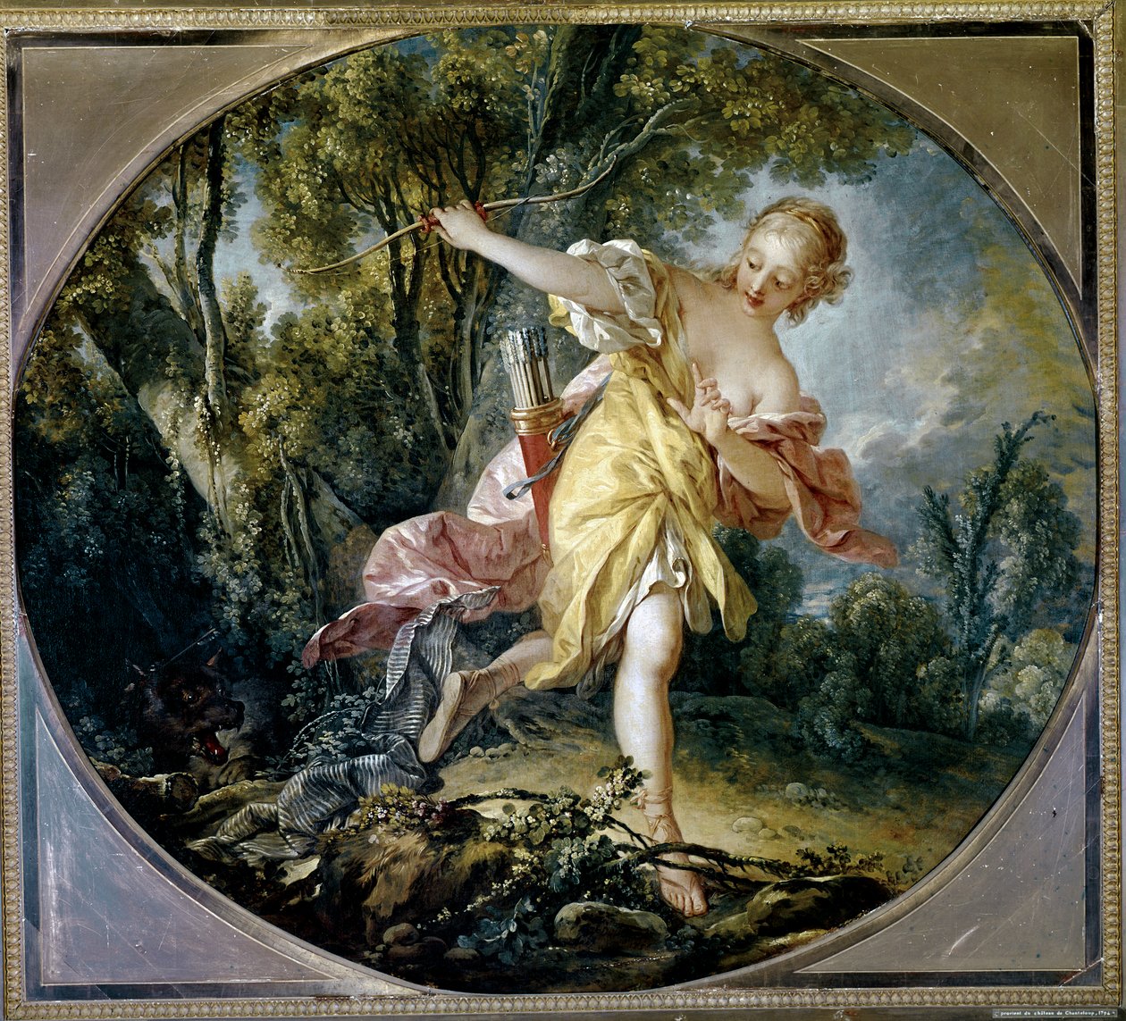 Sylvie elmenekül a farkas elől, akit megsebesített. alkotó: François Boucher