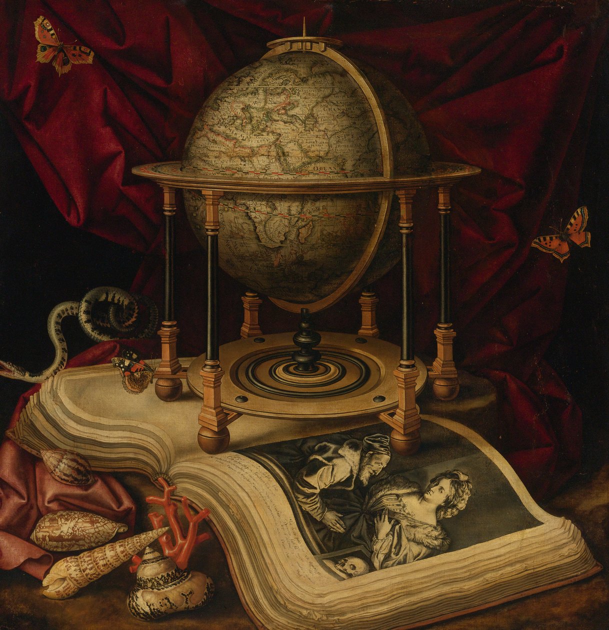 Vanitas csendélet égi földgömbbel, könyvvel, kagylókkal, kígyóval és pillangókkal alkotó: Frans Luycx