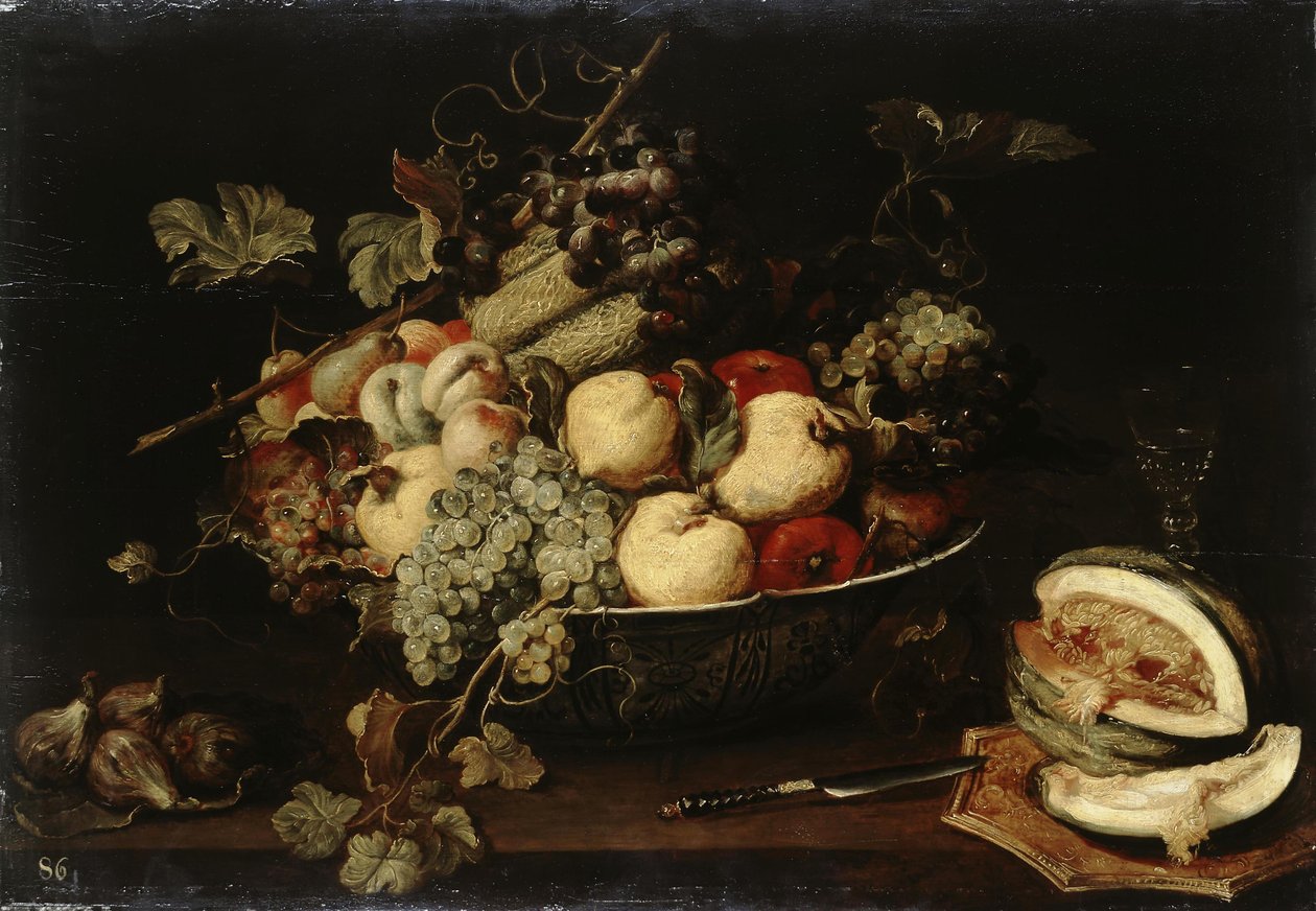 Gyümölcs egy tálban és egy szeletelt sárgadinnye alkotó: Frans Snyders or Snijders