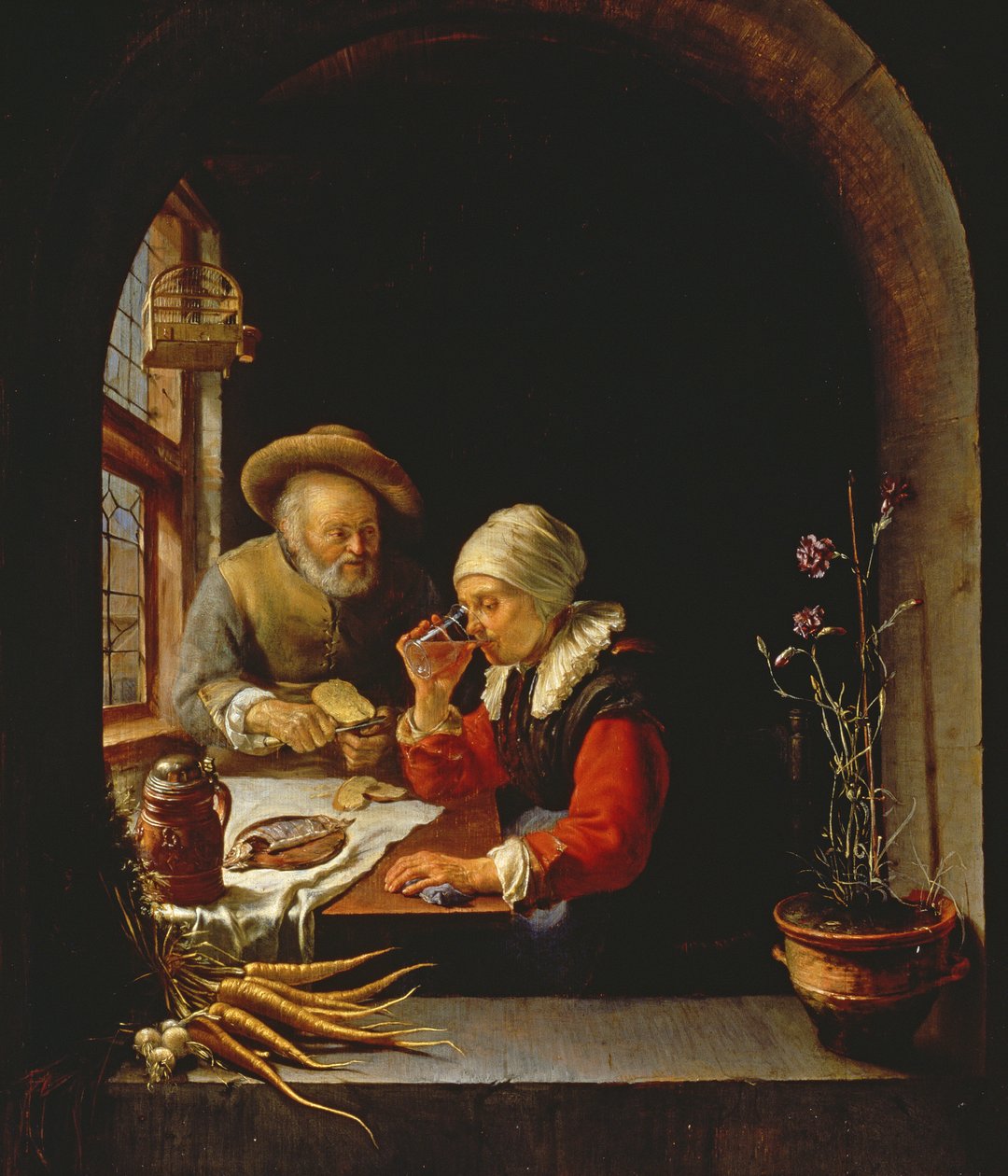 Egy idős házaspár étkezik (panel) alkotó: Frans van Mieris