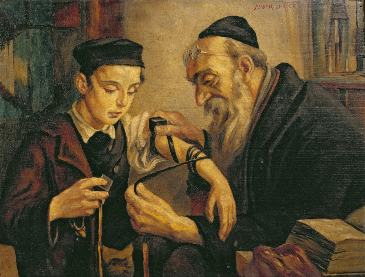 Egy rabbi egy fiú karjához köti a filaktériákat alkotó: Franz Obermüller