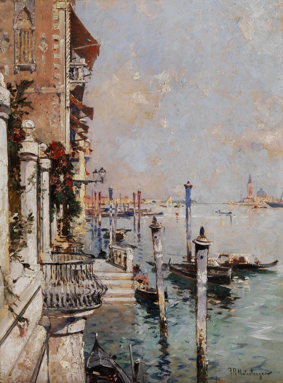 Velence, kilátás a csatornáról a Grand Canal felett a San Giorgio -templom felé alkotó: Franz Richard Unterberger