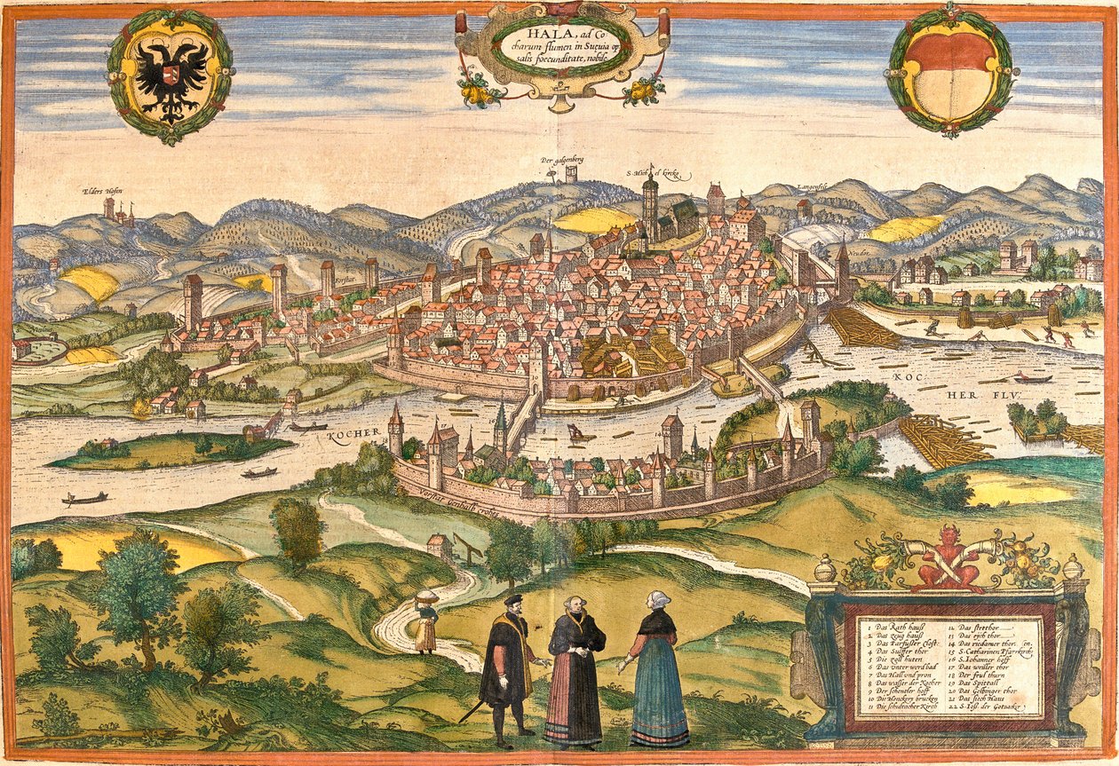 Kilátás a Schwabisch Hallra (Hala), Németország (rézkarc alkotó: Franz Hogenberg