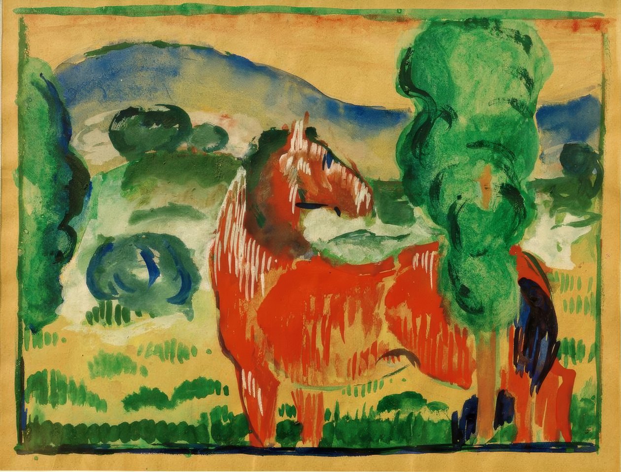Piros ló színes tájban alkotó: Franz Marc