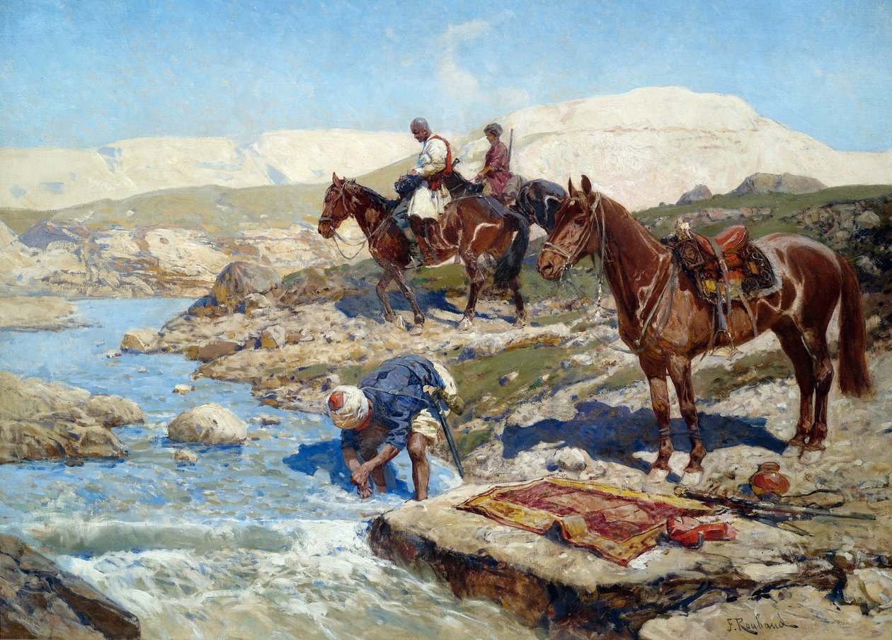 Cserkesz lovasok átkelnek a folyón alkotó: Franz Roubaud