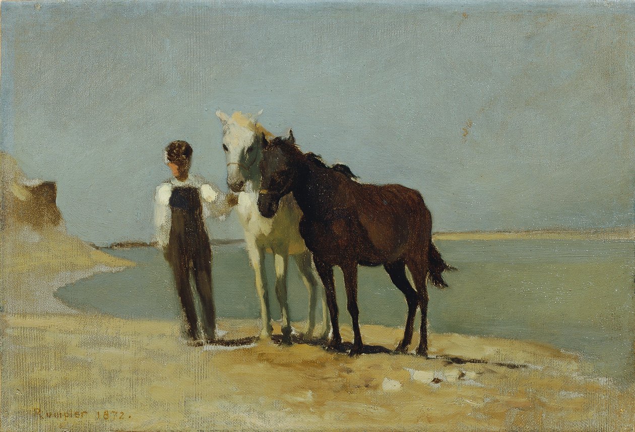 Egy fiú lovakkal a tengerparton alkotó: Franz Rumpler