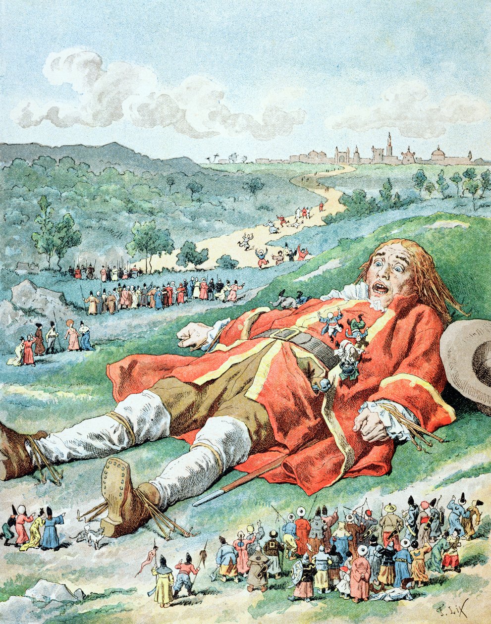 „A földhöz kötve találtam a kezeimet és a lábaimat…”, illusztráció a „Les Voyages de Gulliver” című művéből, Jonathan Swift (1667-1745) alkotó: Frederic Theodore Lix