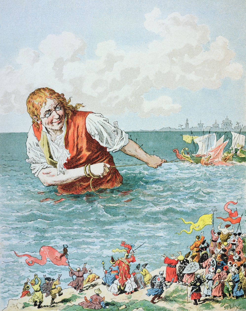Aztán zsákmányomat hajtva hamarosan megérkeztem a császári kikötőbe...", illusztráció Jonathan Swift (1667-1745) "Gulliver utazásai"-ból. alkotó: Frederic Theodore Lix
