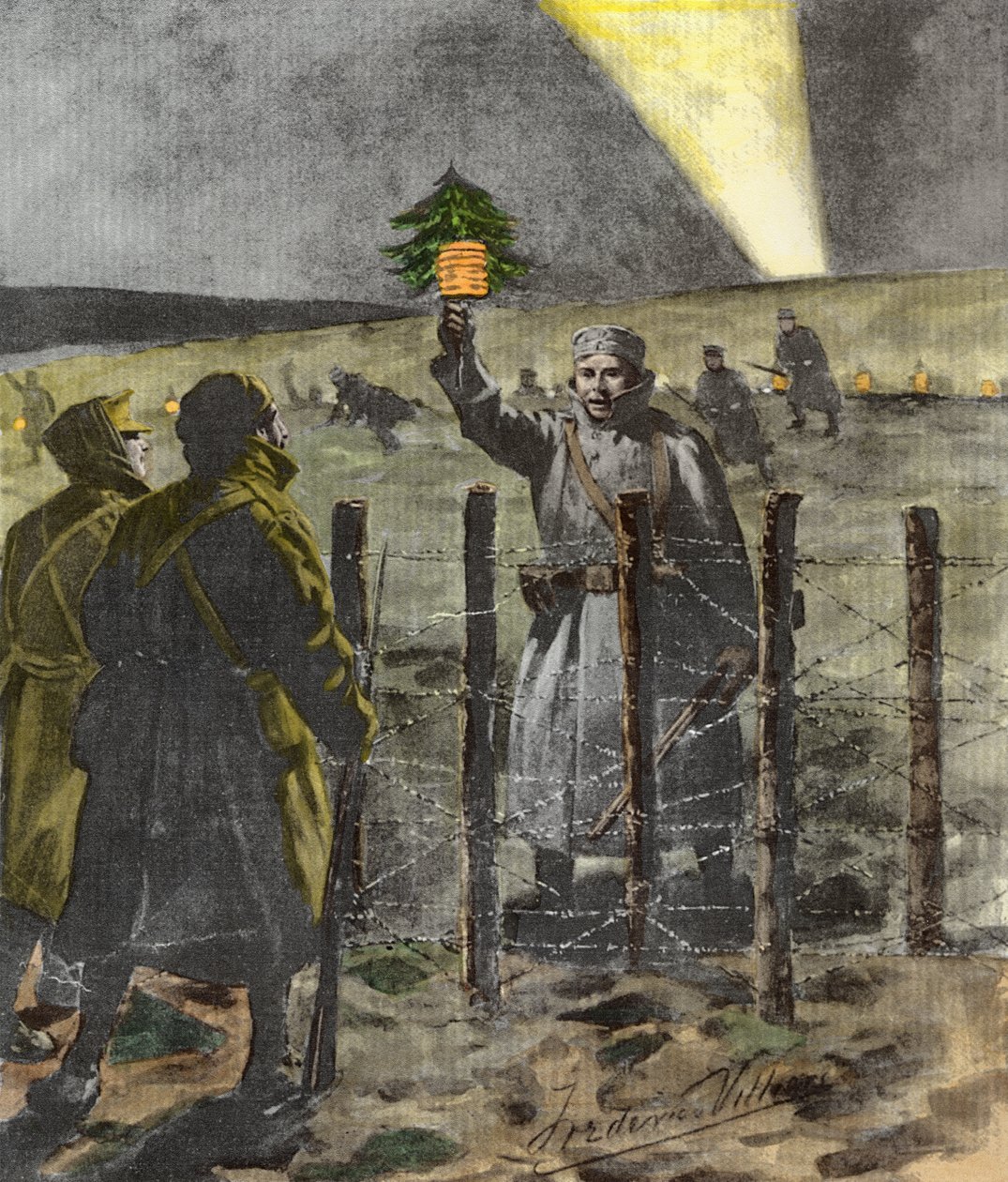 Az 1914-es karácsonyi fegyverszünet, 1915-ben jelent meg (későbbi színezés) alkotó: Frederic Villiers