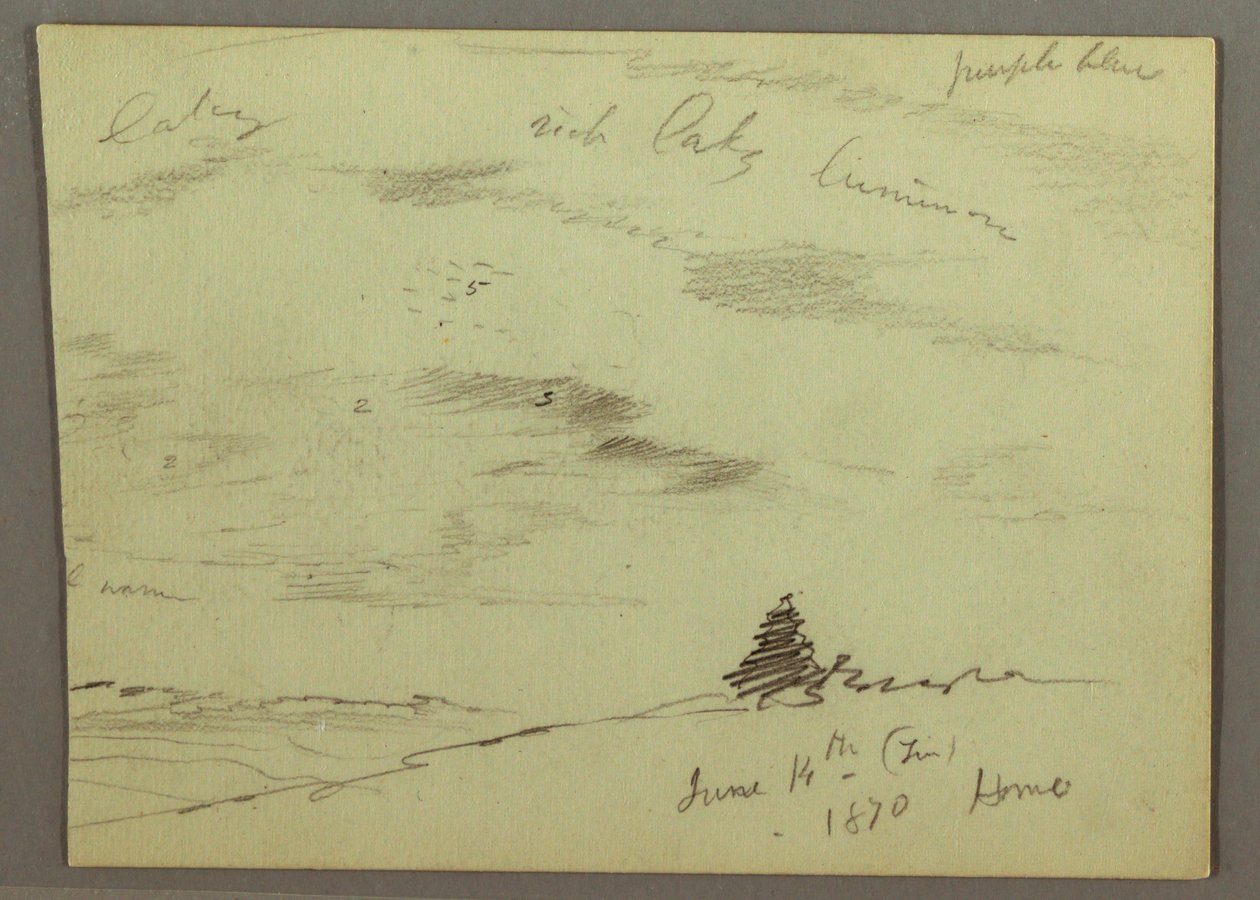 Rajz, Felhős égbolt, domboldal, 1870 alkotó: Frederic Edwin Church