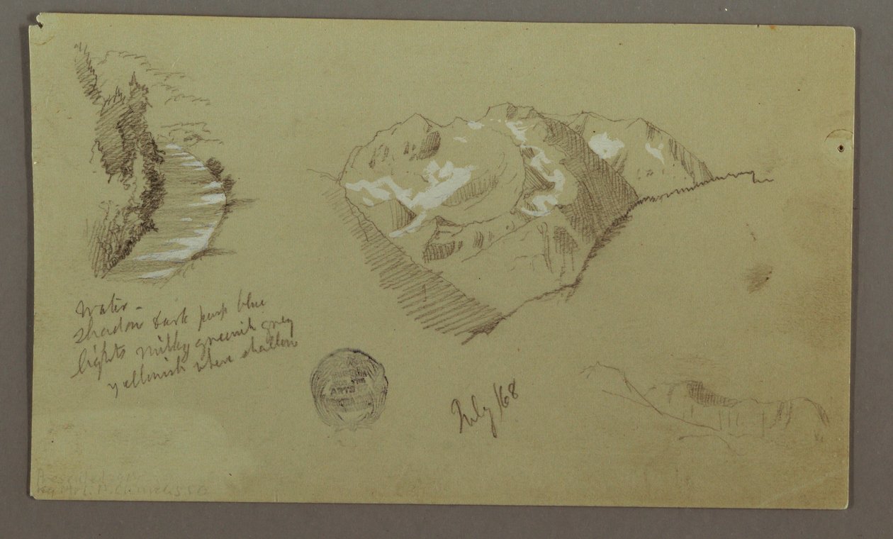 Rajz, Hegycsúcsok, folyó, 1868. július alkotó: Frederic Edwin Church