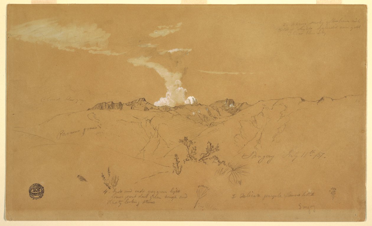 Rajz, vulkán, Sangay, 1857. július 11. alkotó: Frederic Edwin Church
