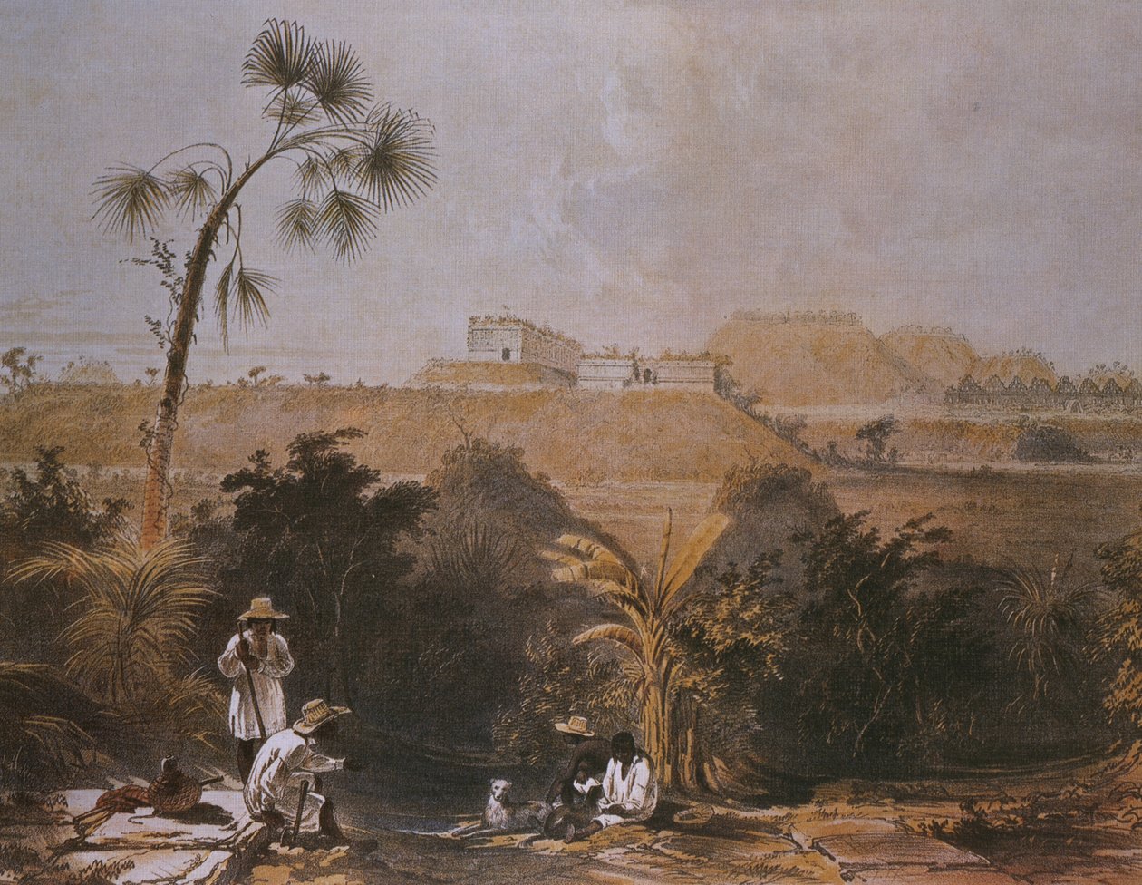 Panorámás kilátás Uxmalra, Yucatanra, Mexikó, illusztráció a „Közép-Amerikában, Chiapas és Yucatan ókori emlékművei” című könyvből, 1844 London. alkotó: Frederick Catherwood