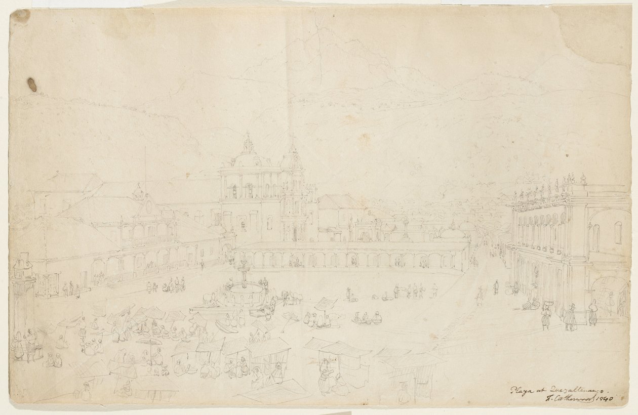 Plaza at Quezaltenango, 1840 (grafit krémszínű szőtt papíron) alkotó: Frederick Catherwood
