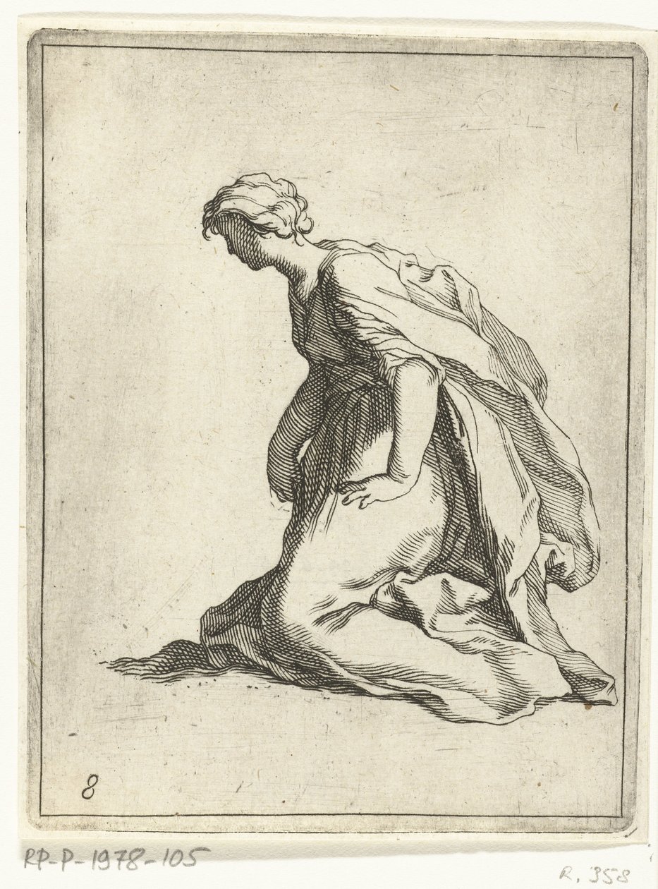 Térdelő fiatal nő 15 kis figura (sorozat címe) alkotó: Frederick Bloemaert
