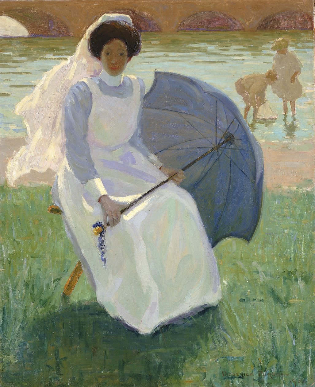 Nő zöld napernyővel, 1908. alkotó: Frederick F. Fursman