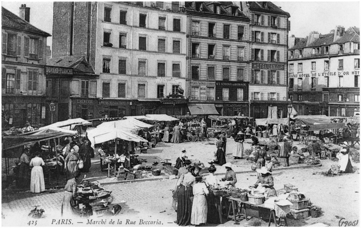 Képeslap, amely a Place dAligre-t és Marche Lenoirt ábrázolja, Rue Beccaria, Párizs, 1906 alkotó: French Photographer