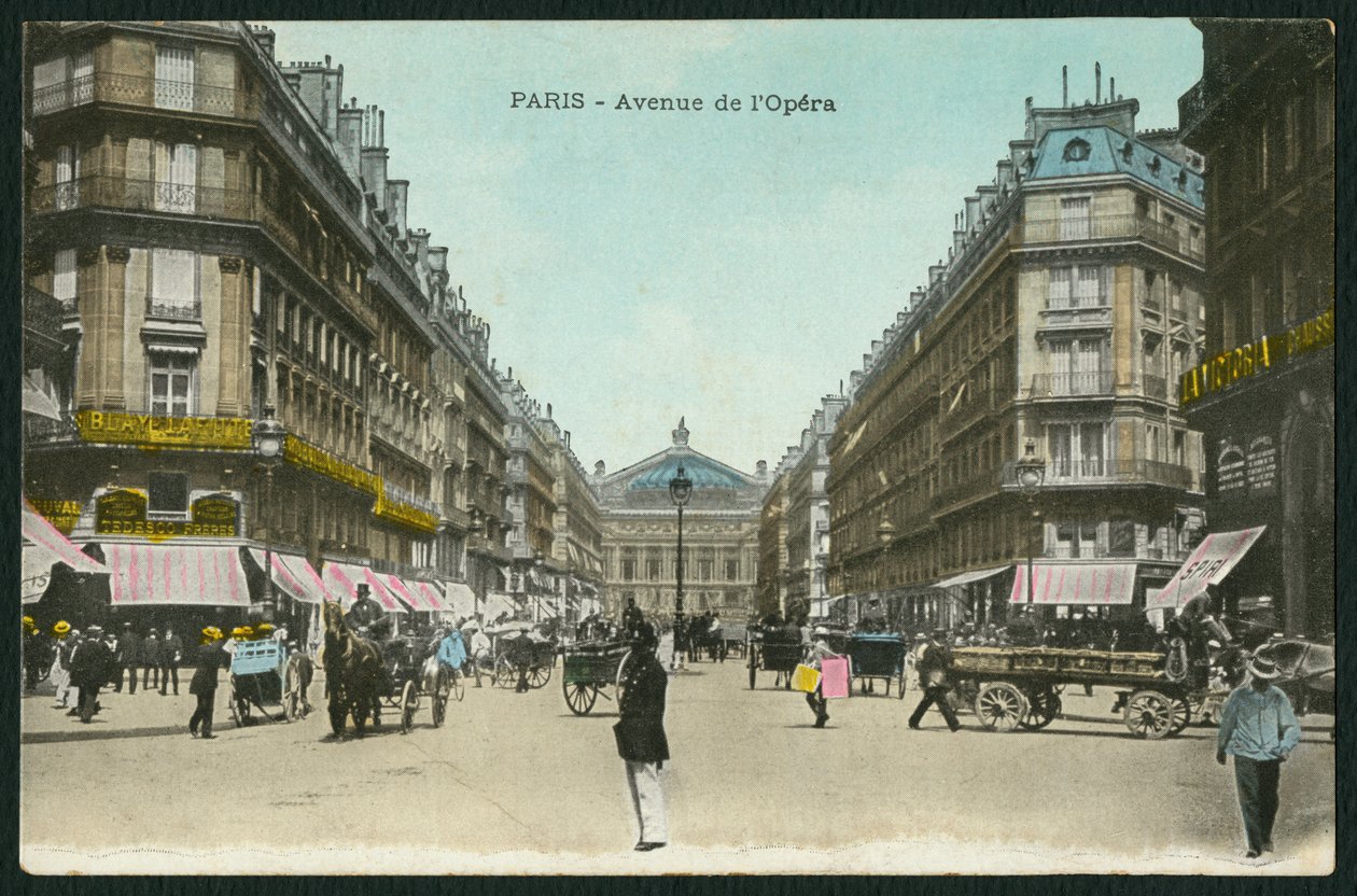 A párizsi Opera Avenue-t ábrázoló képeslap, 1900 körül (színes fekete-fehér fotó) alkotó: French Photographer