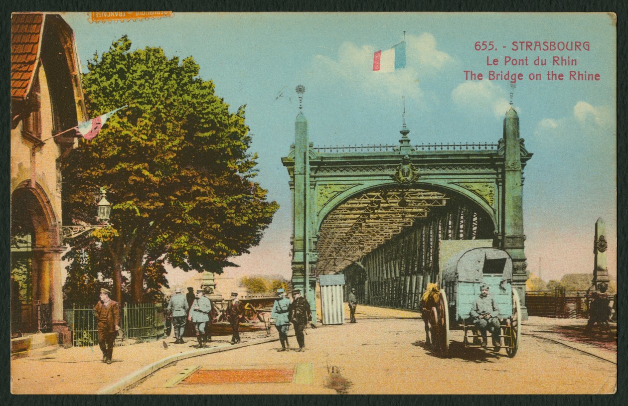 Képeslap, amely a strasbourgi Rajna hídját ábrázolja, 1914-1918 körül (színes fekete-fehér fotó) alkotó: French Photographer