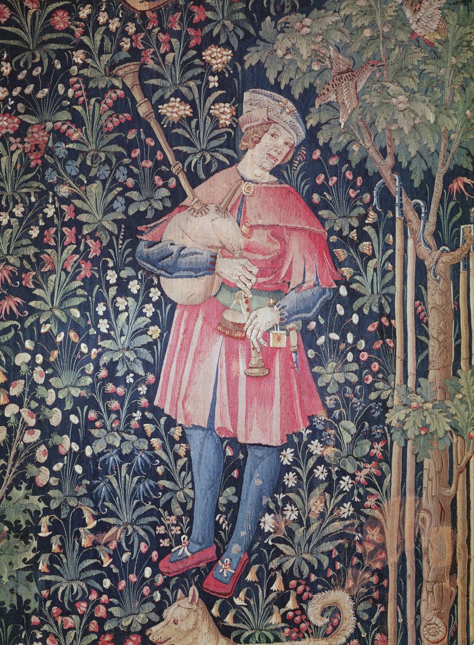 Dudán játszó férfi, részlet a „La Danse”-ból, a „La Noble Pastorale” része, 1500 körül (gyapjú és selyem kárpit) alkotó: French School
