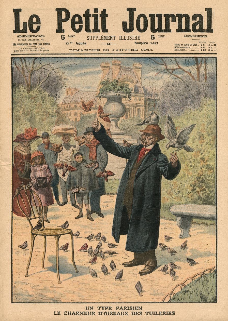 Egy párizsi típus, a Tuileriák madárbűvölője, illusztráció a „Le Petit Journal”-ból, mellékelt illusztráció, 1911. január 22. alkotó: French School