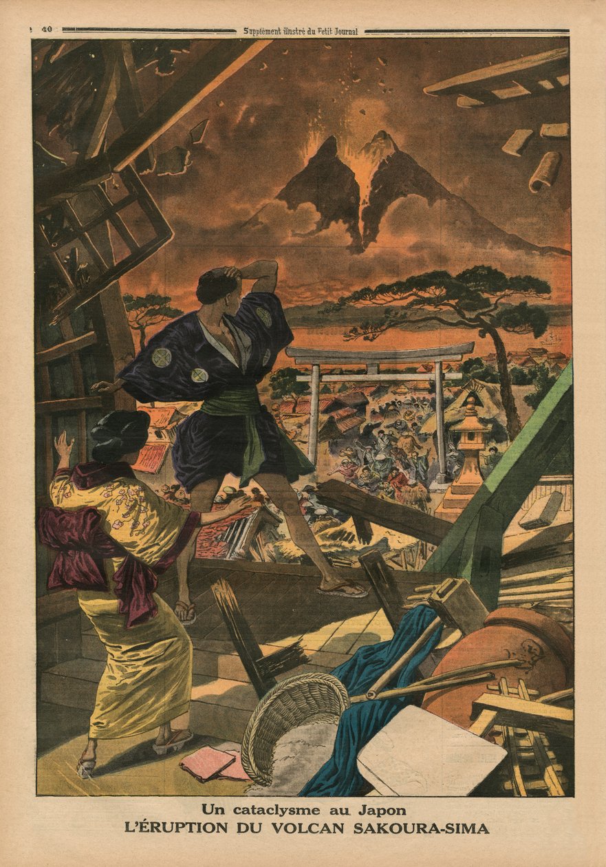Kataklizma Japánban, a Sakura-jima vulkán kitörése, a hátsó borító illusztrációja a „Le Petit Journal”-ból, mellékillusztráció, 1914. február 1. alkotó: French School