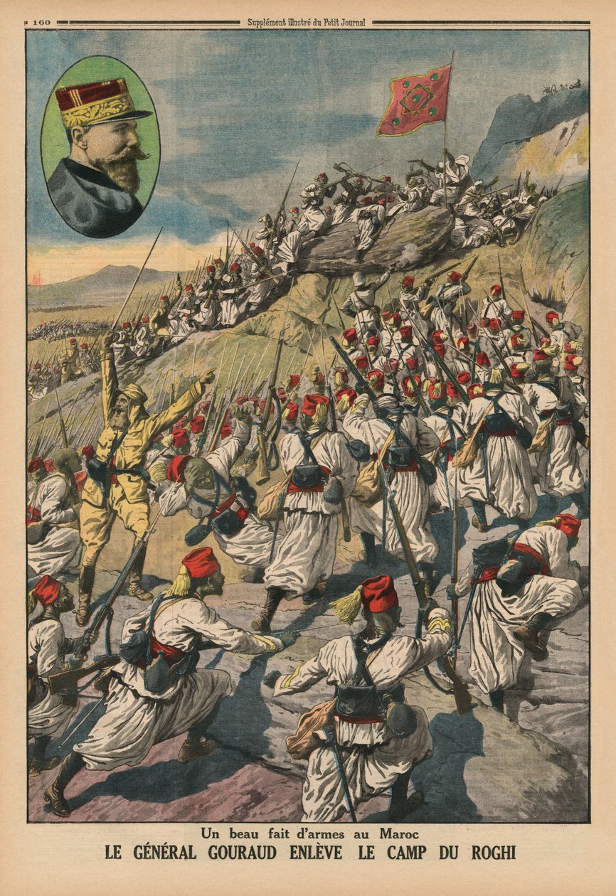 Szép fegyveres bravúr Marokkóban, Gouraud tábornok elfoglalja Roghi táborát, a hátsó borító illusztrációja a „Le Petit Journal”-ból, mellékillusztráció, 1914. május 26. alkotó: French School