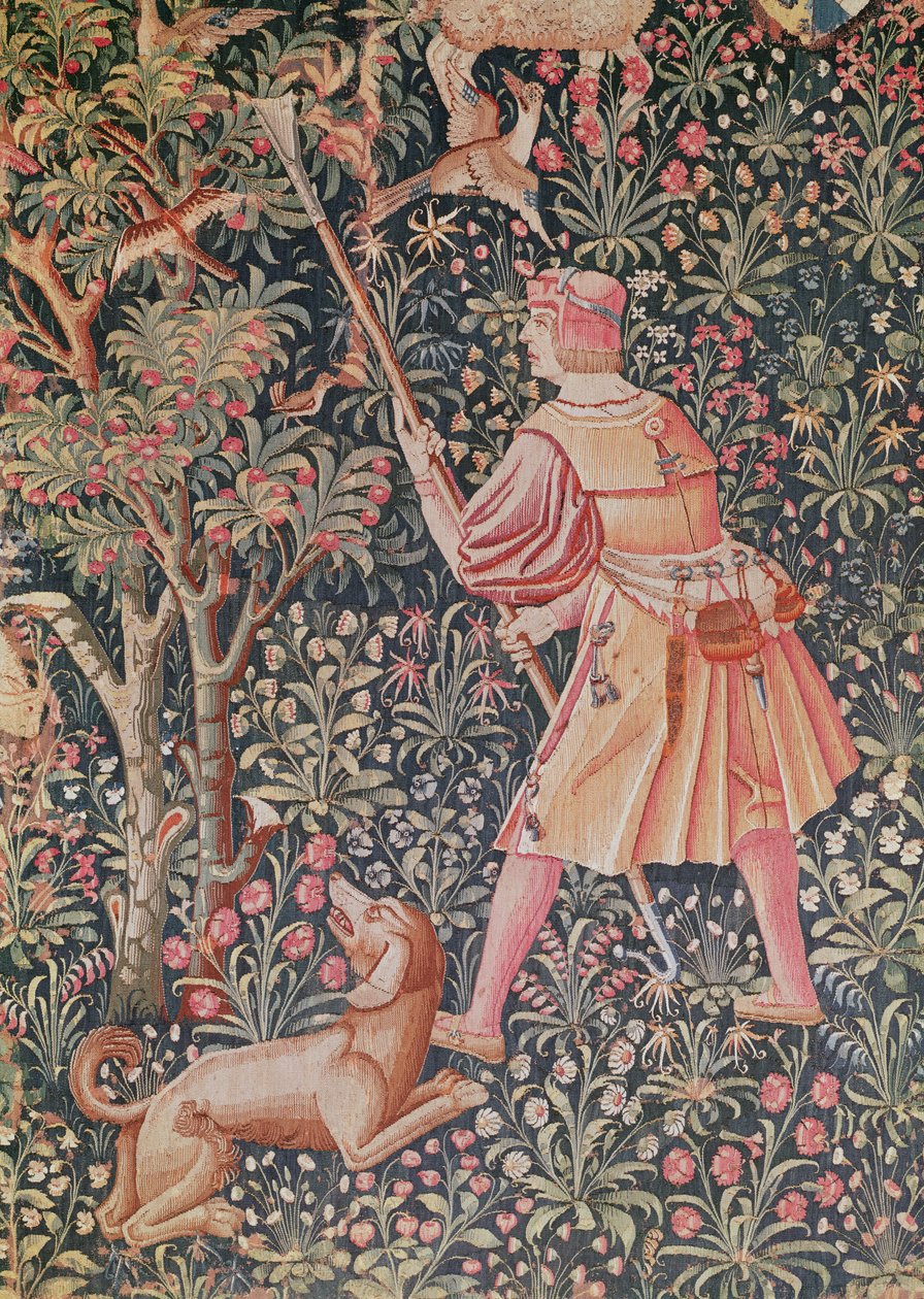Egy ember, aki körtét szed kapával, a „Jeu de Marelle et Cueillette de Fruits”-ból, Loire Workshop, 1510 (szőttes) alkotó: French School