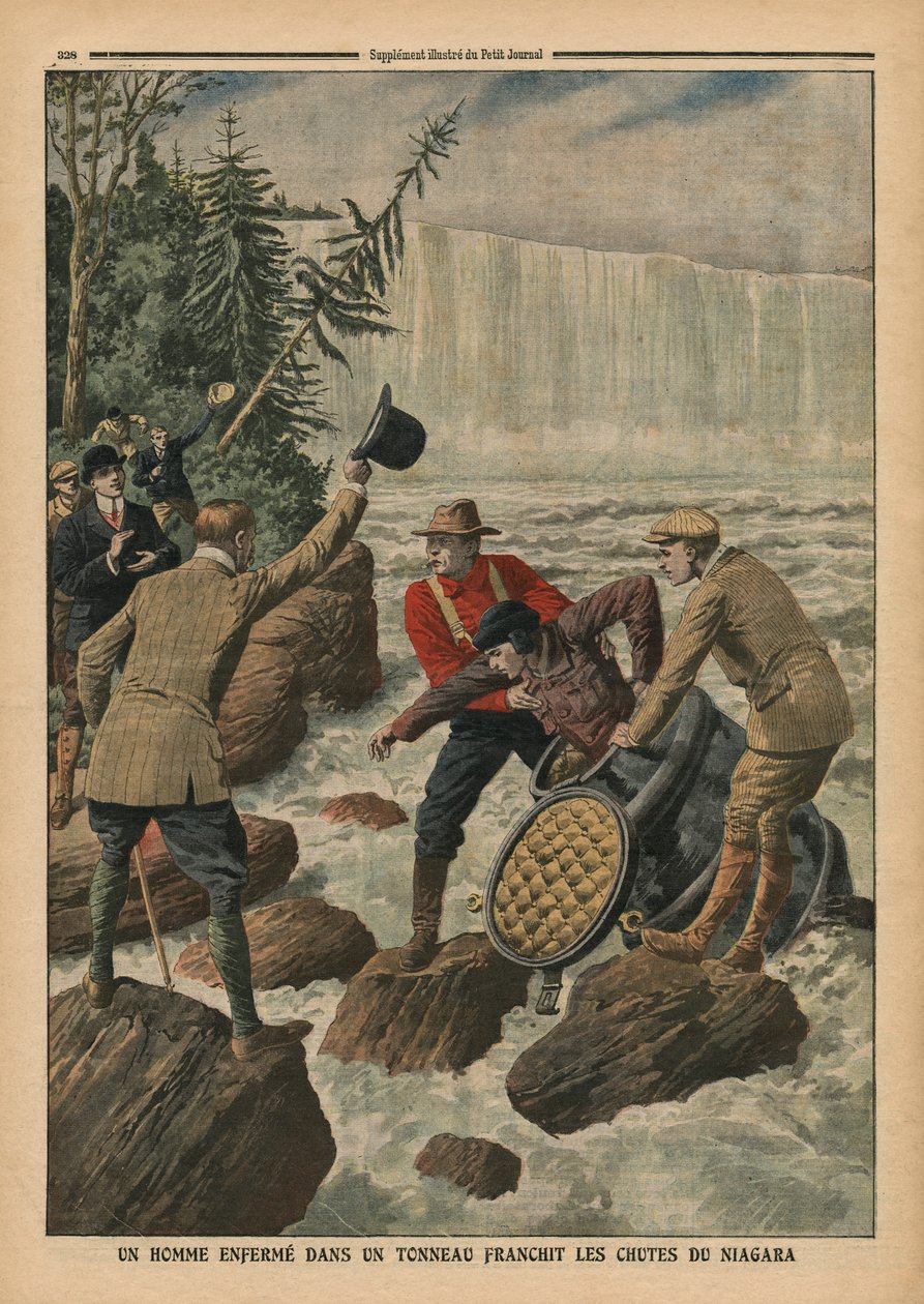 Egy férfi hordóban átkel a Niagara-vízesésen, illusztráció a „Le Petit Journal” című folyóiratból, mellékillusztráció, 1910. október 9. alkotó: French School
