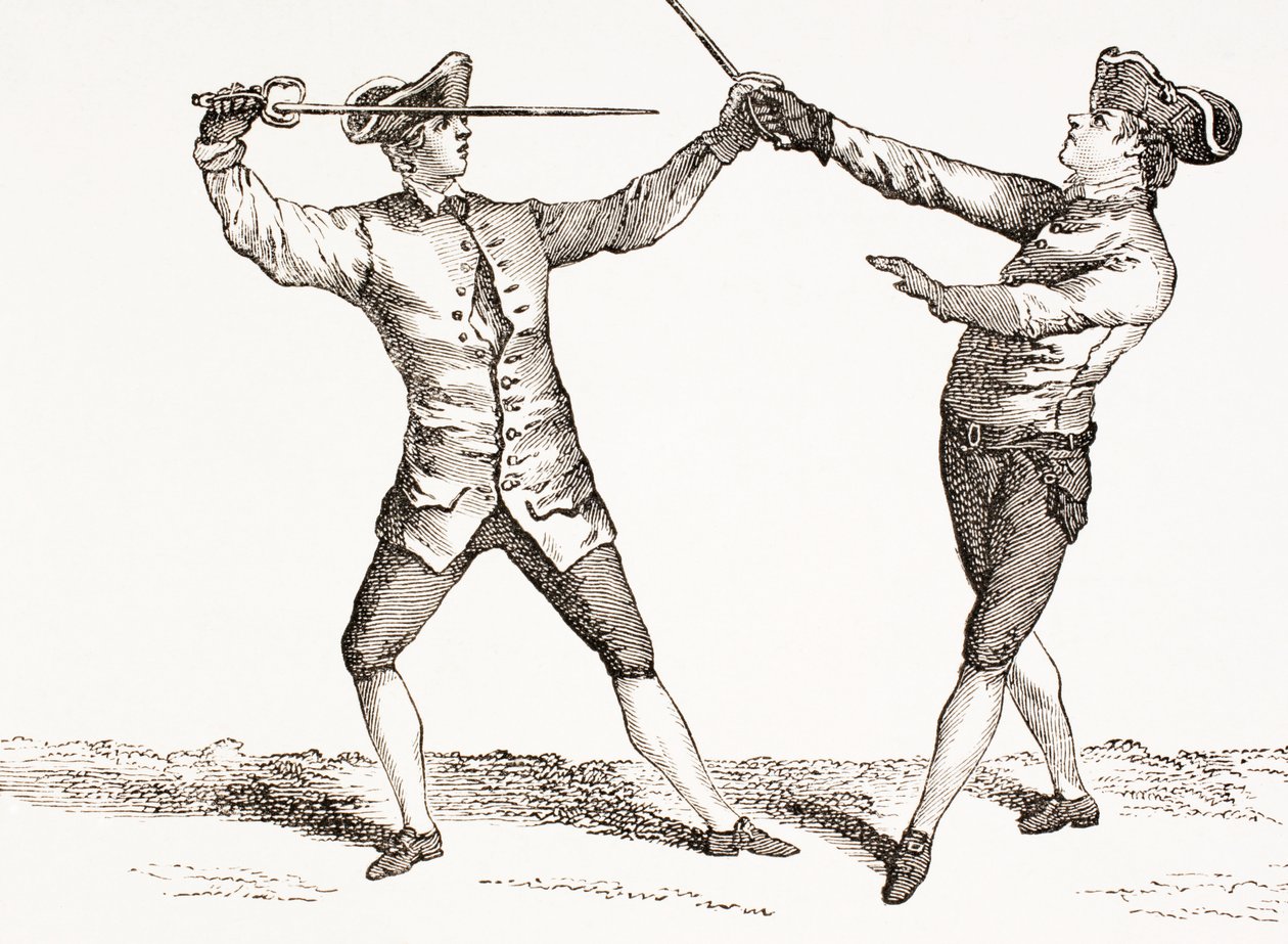 Egy kardforgató, aki szúrni képes, miután megfogta ellenfele kardját vagy kard kezét, a „XVIII. Siecle Institutions, Usages et Costumes” című kötetből, 1875-ben alkotó: French School
