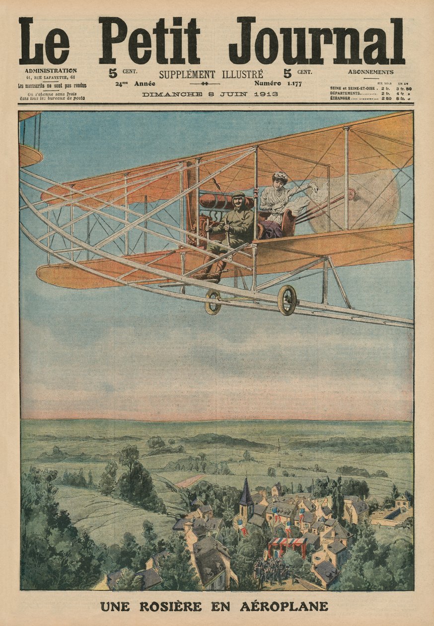 Erényes lány a repülőgépen, a „Le Petit Journal” első borítójának illusztrációja, mellékelt illusztráció, 1913. június 8. alkotó: French School