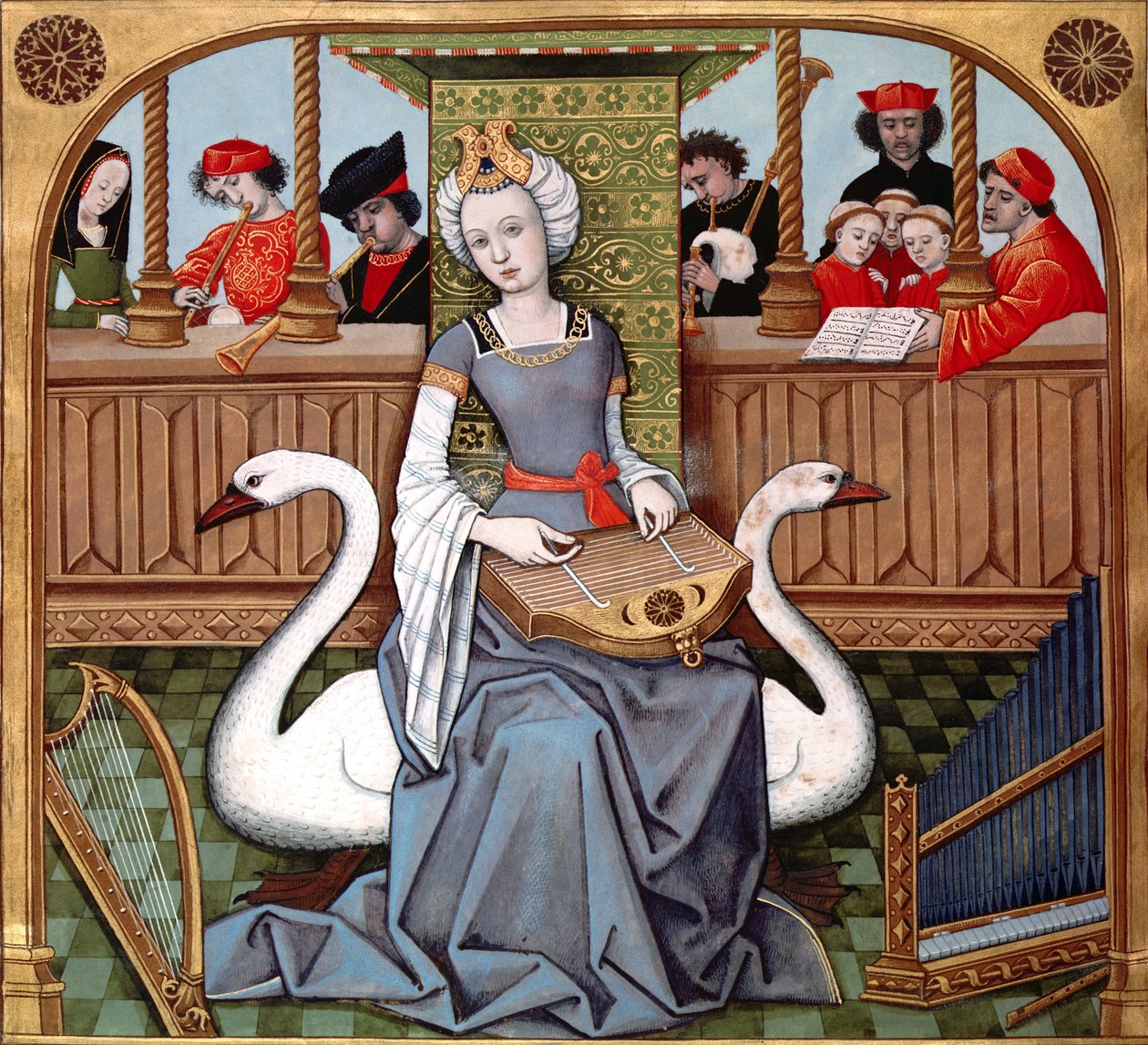 A zene allegóriája, ms Francais 143 fol.65v, Evrart de Conty: Le Livre des Echecs Amoureux Moralités c.1500 alkotó: French School