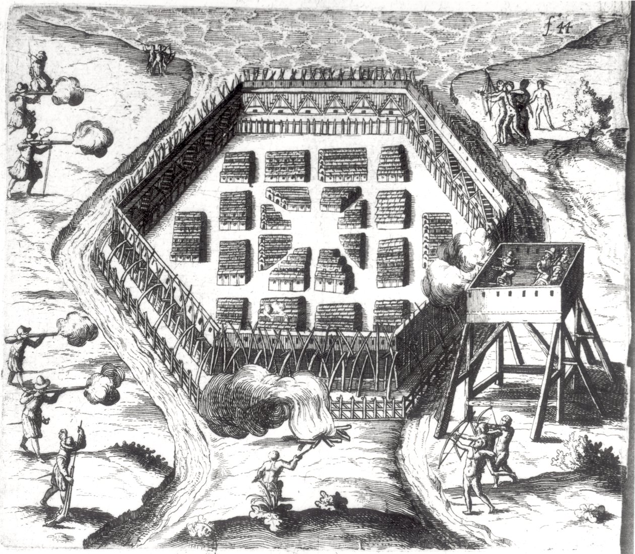 Samuel de Champlain (1567-1635) megtámadta egy irokéz falut a „Voyages de la France Occidentale-ből, Kanadának hívják” alkotó: French School