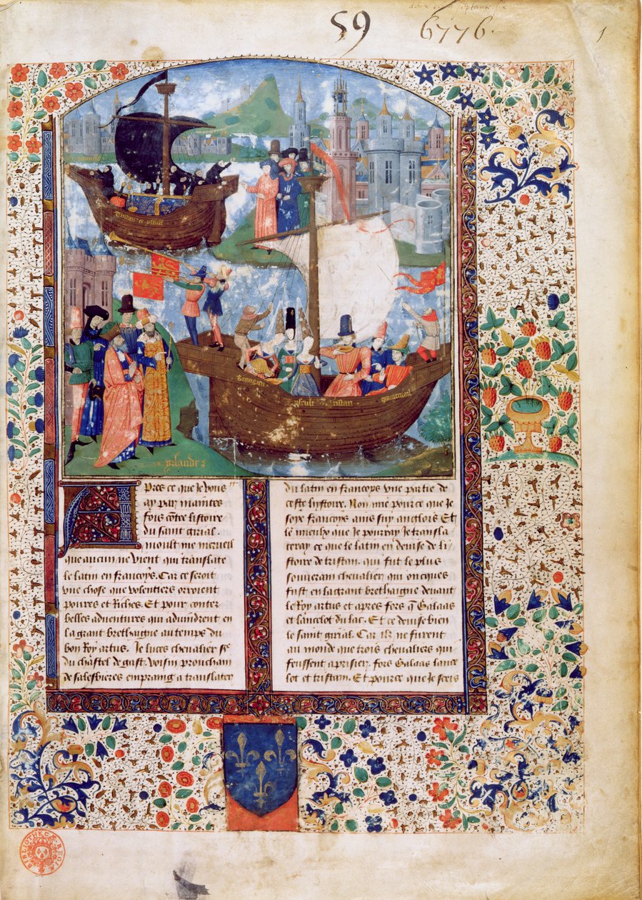 B.N.Ms. Fr 103 f.1 Tristan és Iseult elhagyják Írországot; Tristan issza a főzetet; Tristan és Iseult holttestét hazahozzák Írországba, Luce de Gast fordításában alkotó: French School