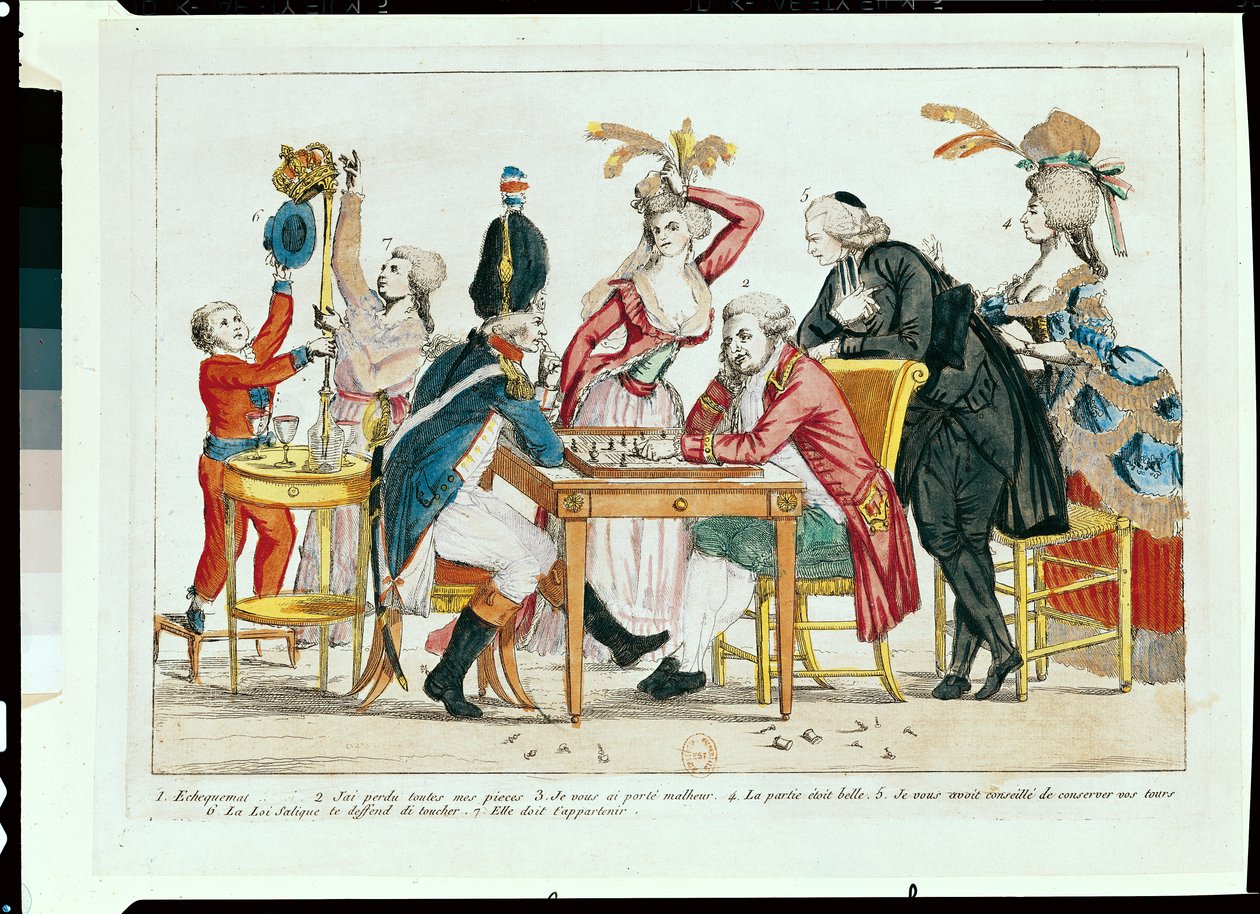 XVI. Lajos (1754-93) karikatúrája sakkozik a Nemzetőrség katonájával alkotó: French School