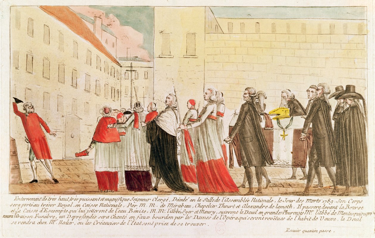 Karikatúra a papság temetéséről az egyházi vagyon államosítását követően, 1789 (toll, tinta és wc papíron) alkotó: French School