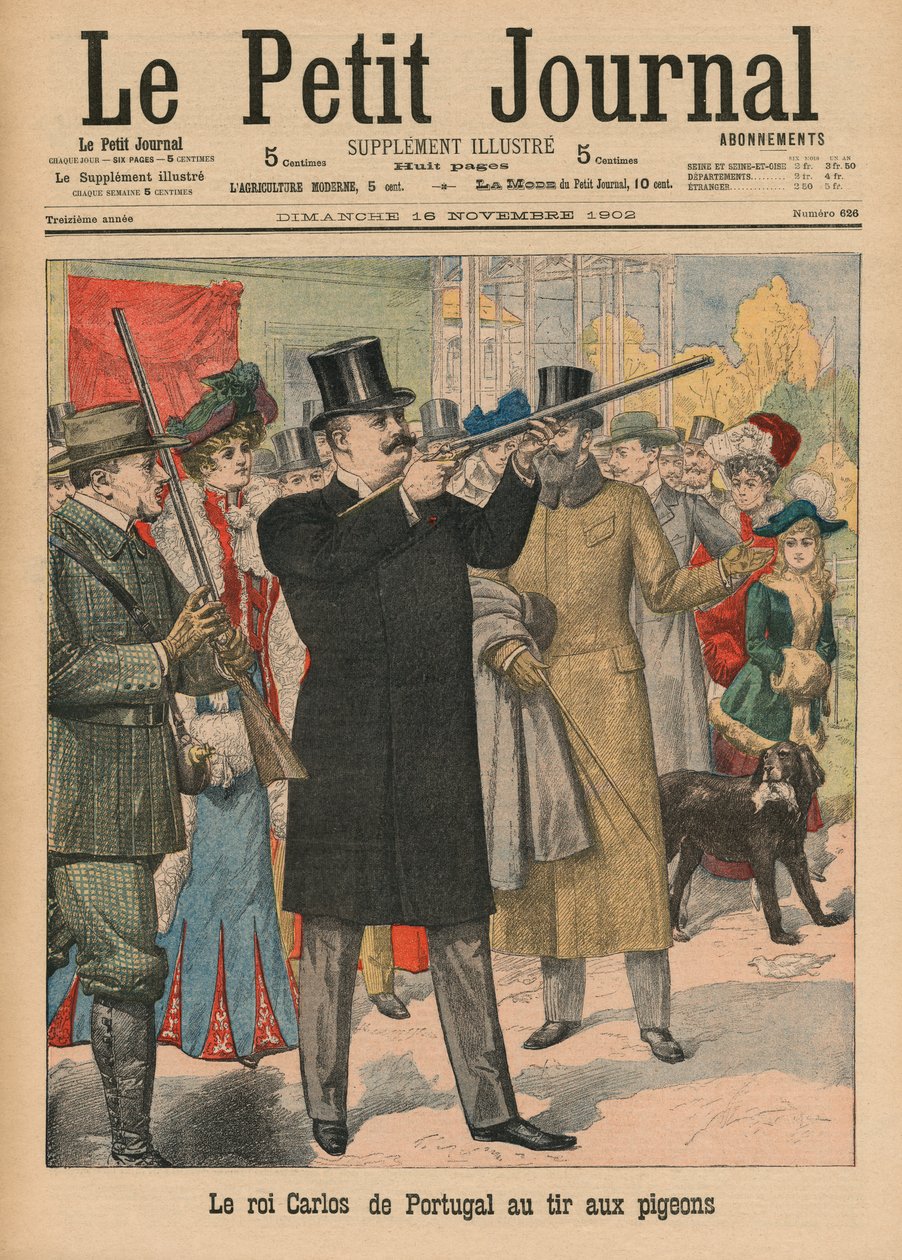 I. Carlos, Portugália és Algarves királya, puskával galambokra céloz, a „Le Petit Journal” címlapjának illusztrációja, mellékillusztráció, 1902. november 16. alkotó: French School
