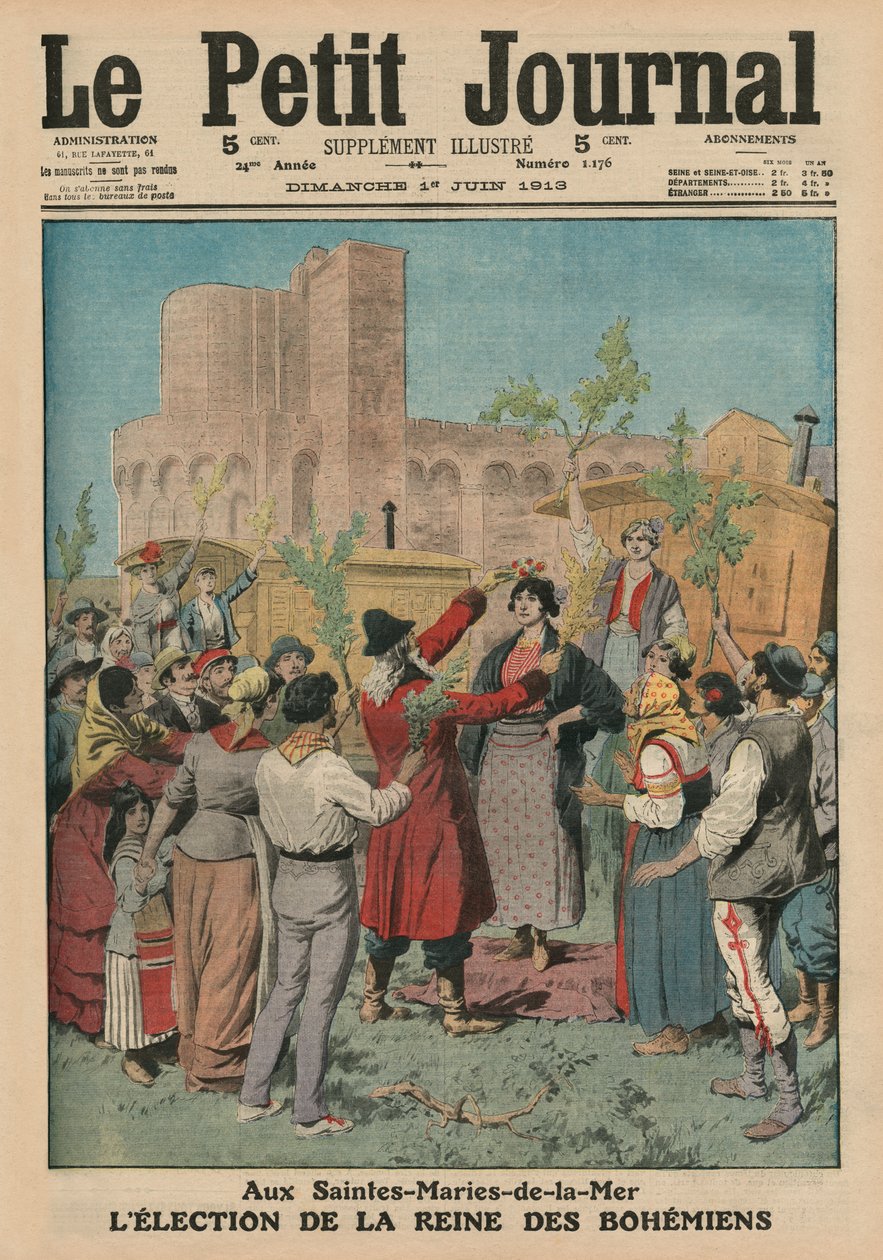 A csehek királynőjének megválasztása, Sainte-Maries-de-la-Mer, címlap-illusztráció a „Le Petit Journal”-ból, mellékillusztráció, 1913. június 1. alkotó: French School