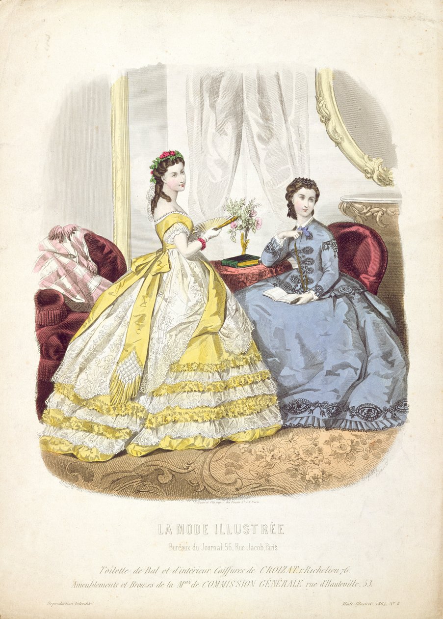 Divattányér gömbköpenyekkel, illusztráció a „La Mode Illustree”-ből, 1864 alkotó: French School