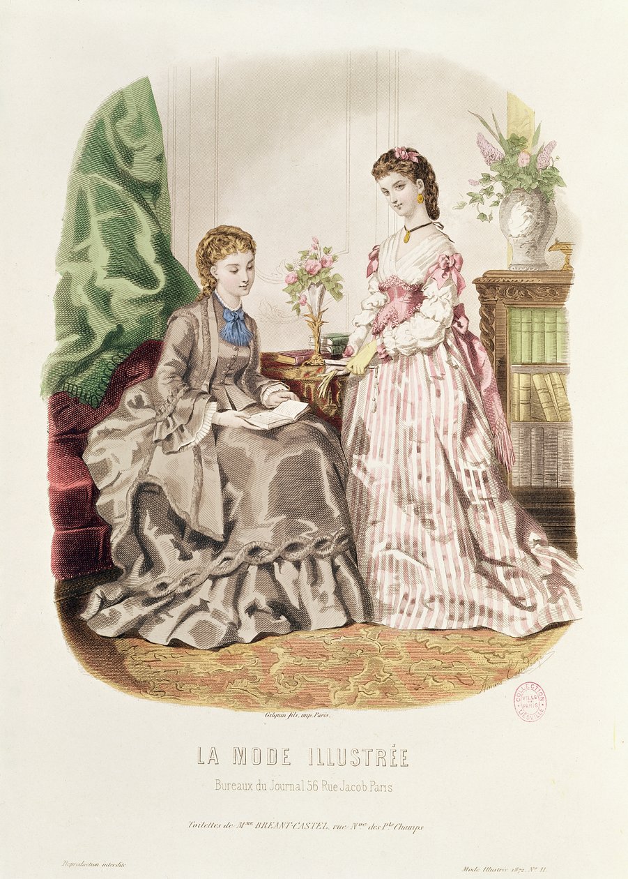 Divatos tányér gömbköpenyekkel, illusztráció a „La Mode Illustree”-ből, 1872 alkotó: French School