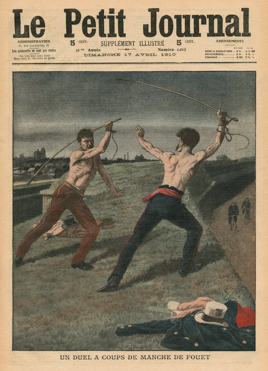Párbaj ostorokkal, illusztráció a „Le Petit Journal”-ból, mellékelt illusztráció, 1910. április 17. alkotó: French School
