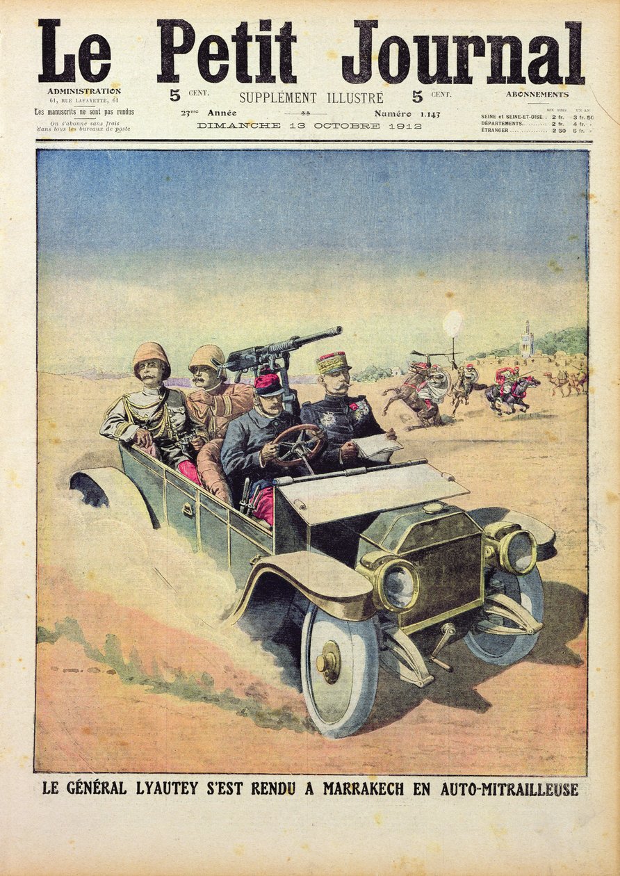 Lyautey tábornok (1854-1934) páncélozott autóval megy Marrakeshbe, a "Le Petit Journal"-ból, 1912. október 13. alkotó: French School