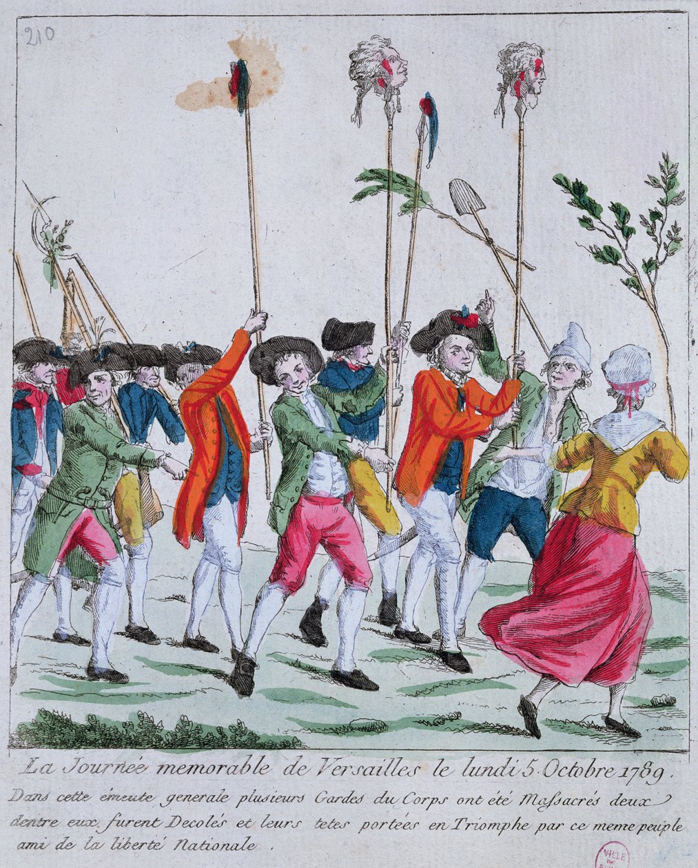 A párizsi csőcselék által 1789. október 5-én Versailles-ban meggyilkolt két királyi őr fejét diadalmenetben Párizsba szállítják. alkotó: French School