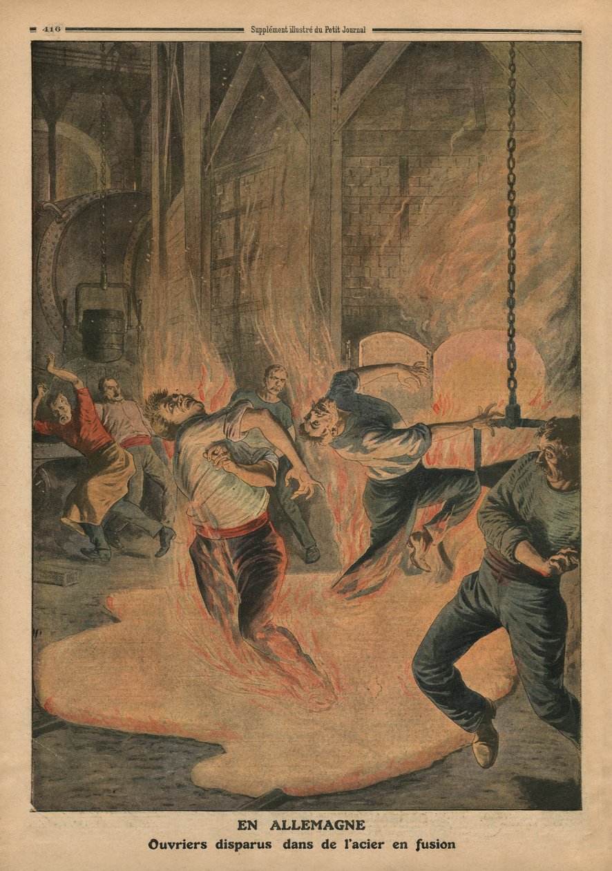 Németországban olvadt acélba süllyedő munkások, illusztráció a „Le Petit Journal”-ból, mellékillusztráció, 1910. december 25. alkotó: French School
