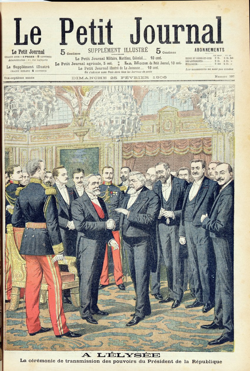 Az Elysée-palotában a Francia Köztársaság elnökének ünnepélyes hatalomátadása, illusztráció a "Le Petit Journal"-ból, 1906. február 25. alkotó: French School