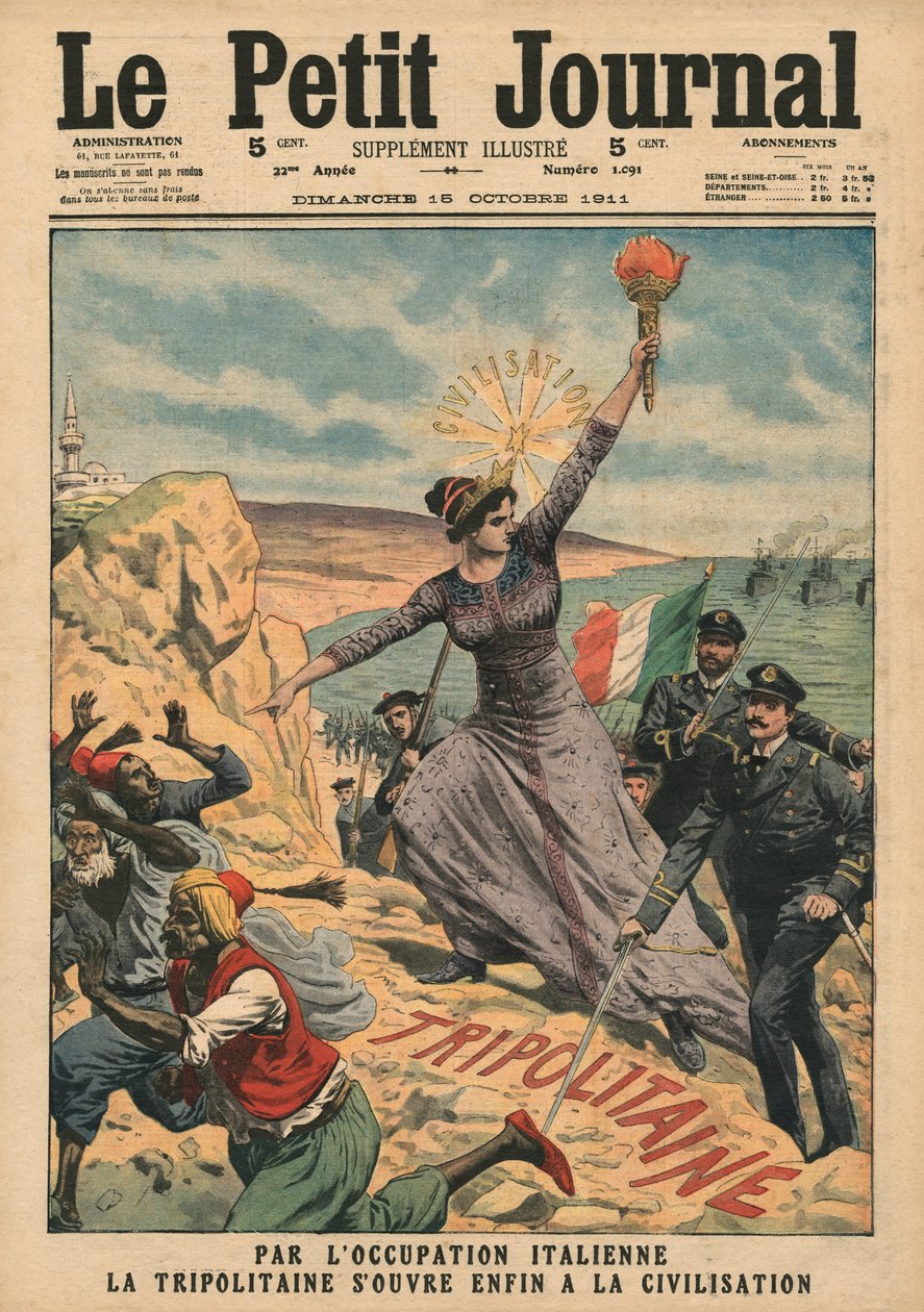 Olaszország civilizációt biztosít Tripolitániának, illusztráció a „Le Petit Journal”-ból, illustre melléklet, 1911. október 15. alkotó: French School