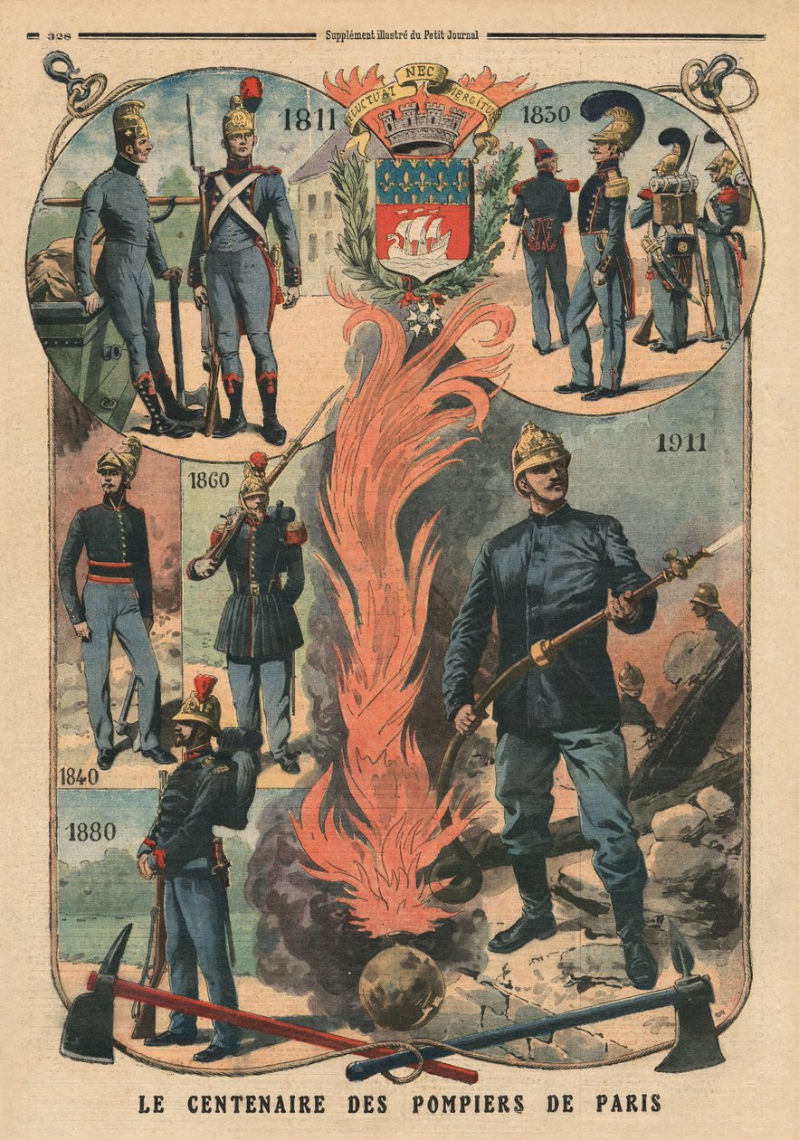 A párizsi tűzoltók centenáriuma, illusztráció a „Le Petit Journal”-ból, mellékelt illusztráció, 1911. október 8. alkotó: French School