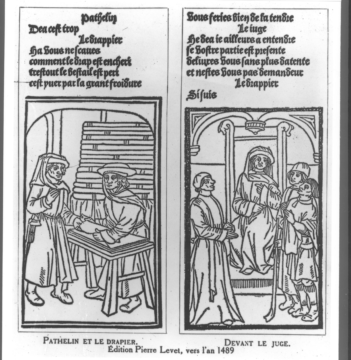 Pathelin és a draper és Pathelin a bíró előtt, illusztráció a "Pathelin mester bohózatából", 1489 körül. alkotó: French School