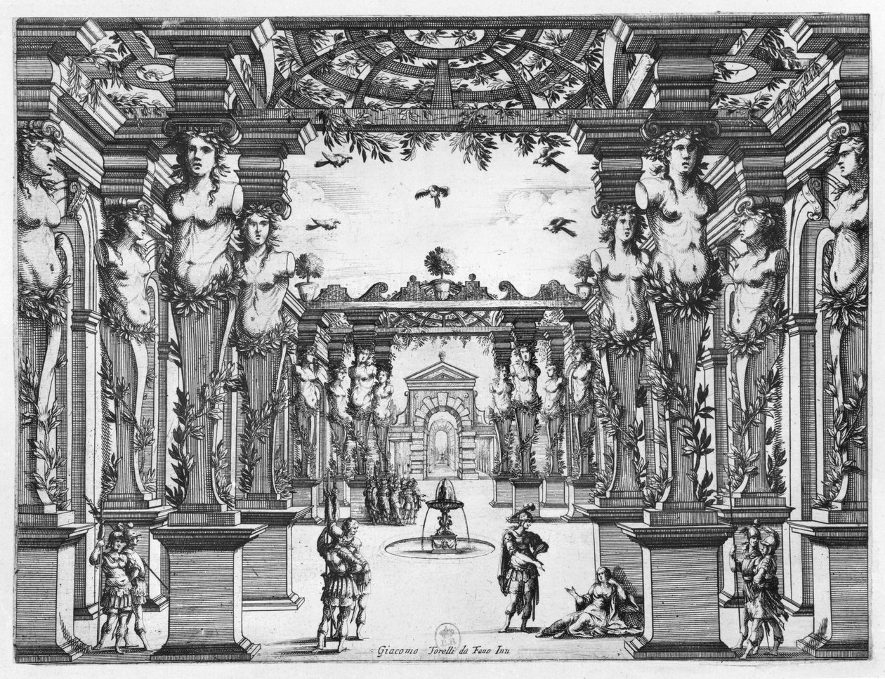 Giacomo Torelli (1608-78) színpadi terve az 1641-ben a párizsi Petit Bourbon Színházban bemutatott Mirame-hez alkotó: French School
